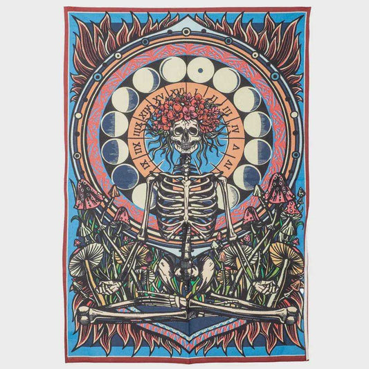 3D Flower Child Tapestry (Meditating Skeleton with Moon Cycles)
