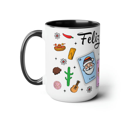 Feliz navidad Coffee Mugs, 15oz for Mexican family or Latin friend. Mexica cup for him or her. El burrito sabanero, los tamales, el Santa.