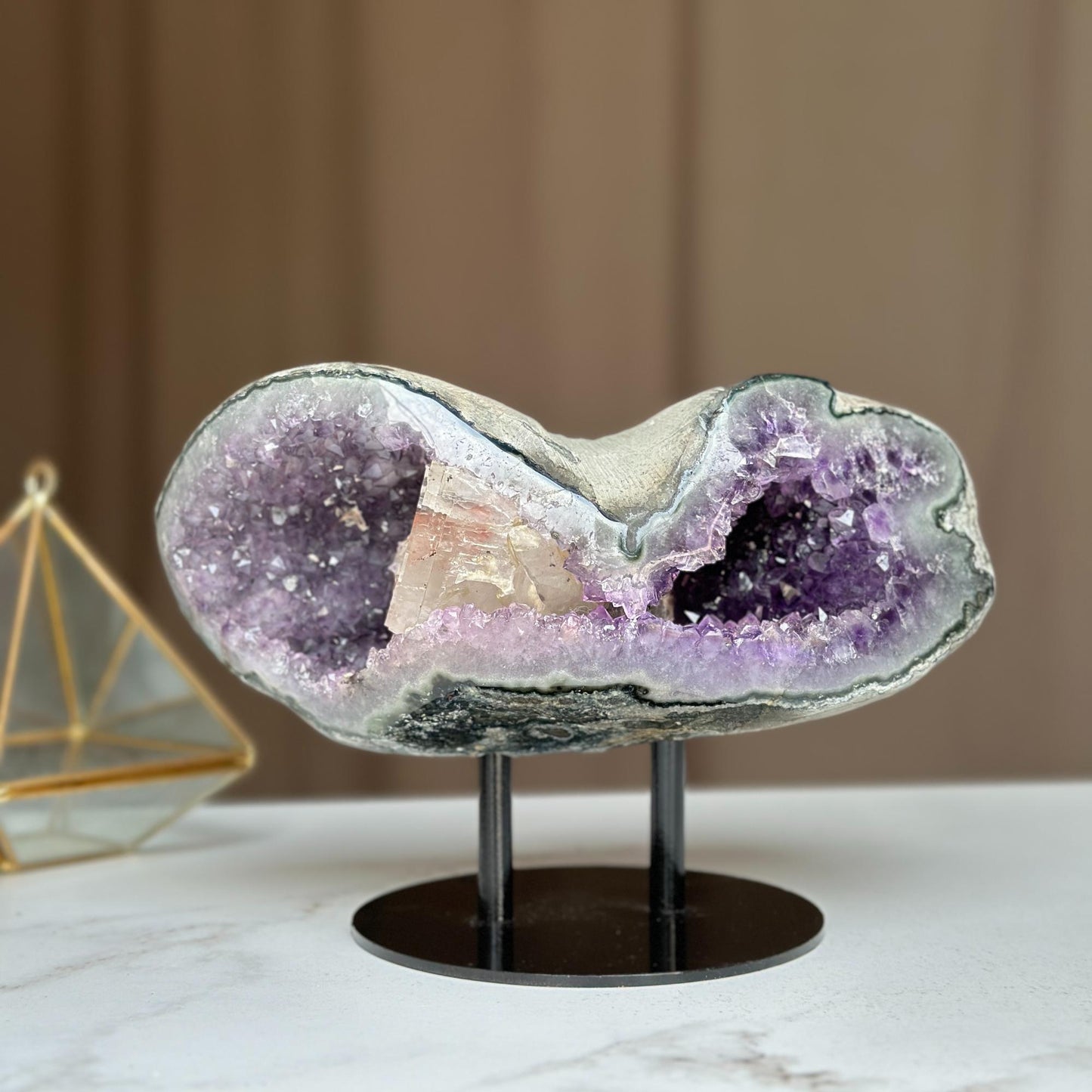 Rare Amethyst Geode with Calcite & Quartz – Colorful Microcrystal Formation on Stand | Collector Crystal