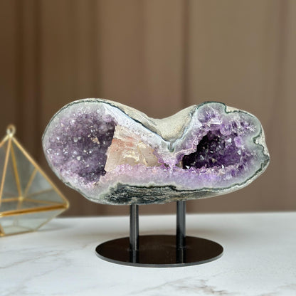 Rare Amethyst Geode with Calcite & Quartz – Colorful Microcrystal Formation on Stand | Collector Crystal