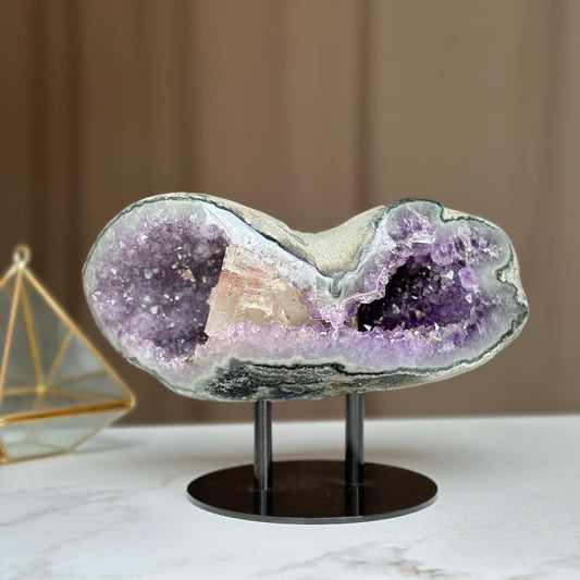 Rare Amethyst Geode with Calcite & Quartz – Colorful Microcrystal Formation on Stand | Collector Crystal