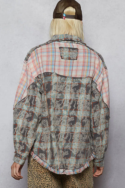 POL Plaid Patchwork Long Sleeve Shirt with Raw Edge Detail