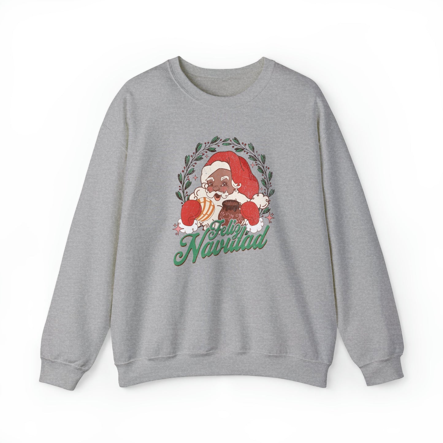 Feliz navidad  Heavy Blend Crewneck Sweatshirt for him or her. Santa Claus eating concha and drinking cafecito.