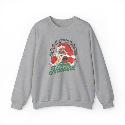 Feliz navidad  Heavy Blend Crewneck Sweatshirt for him or her. Santa Claus eating concha and drinking cafecito.