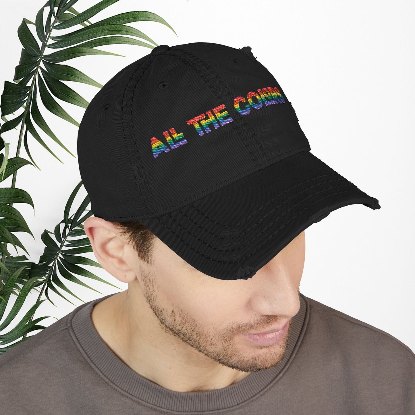 Bespattered Facade "All the Colors" Rainbow Embroidered Distressed Dad Hat