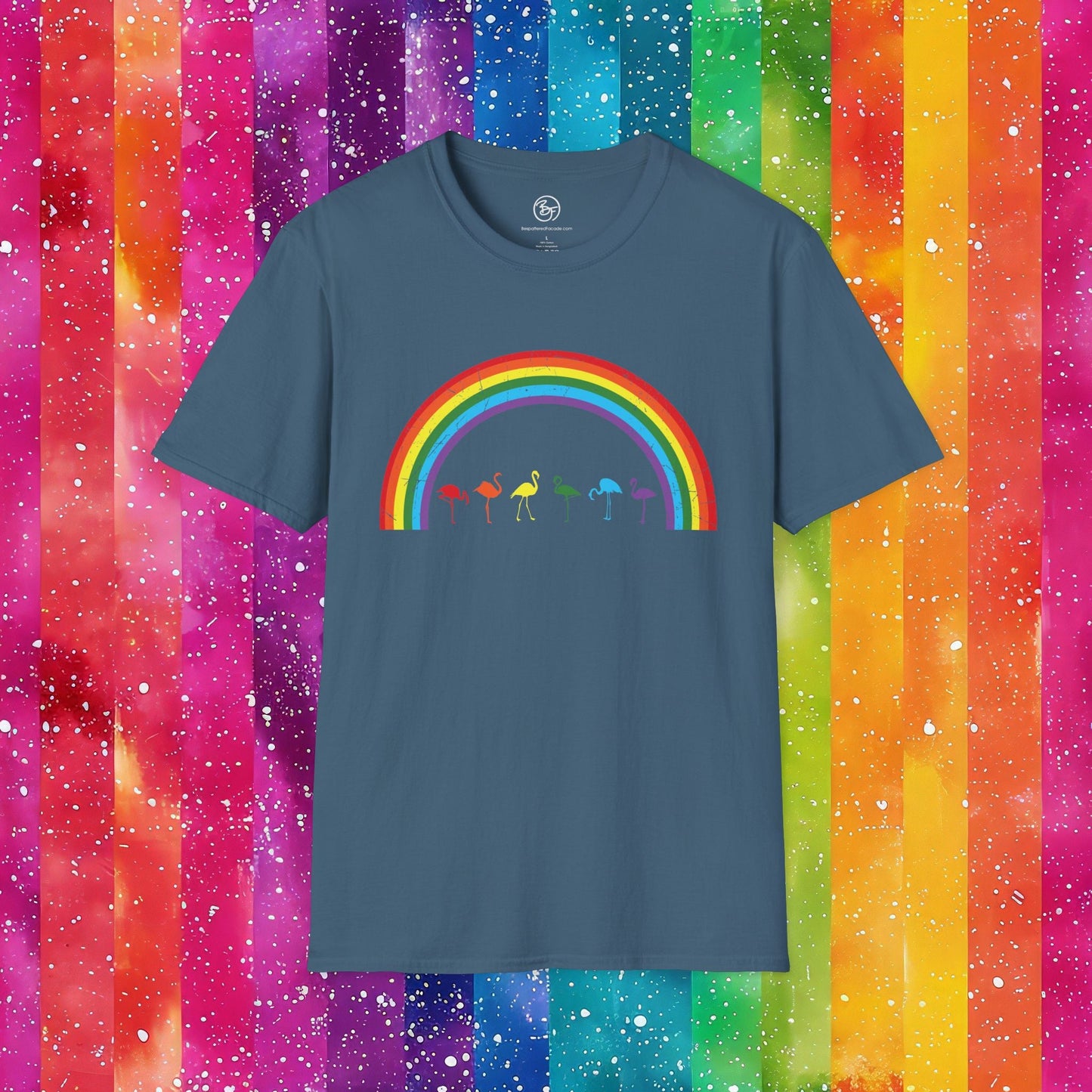 Bespattered Facade Rainbow Flamingos Unisex Softstyle T-Shirt