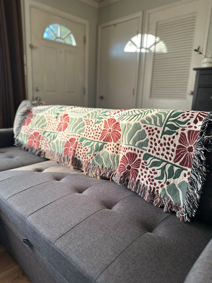 Abstract floral and leaves woven blanket 50x60” clearance Matisse Flowers Woven Blanket with red flowers.