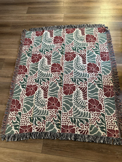 Abstract floral and leaves woven blanket 50x60” clearance Matisse Flowers Woven Blanket with red flowers.