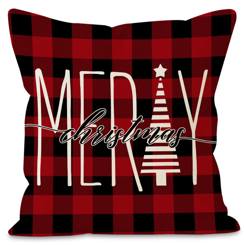 Christmas Pillowcase Linen Red Black Checkered Letter Printed Pillow Cover Holiday Living Room Decoration