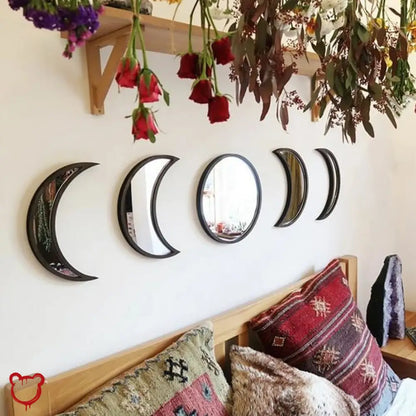 5pc Moon Wall Mirror Set – Boho Crescent Moon Phase Décor
