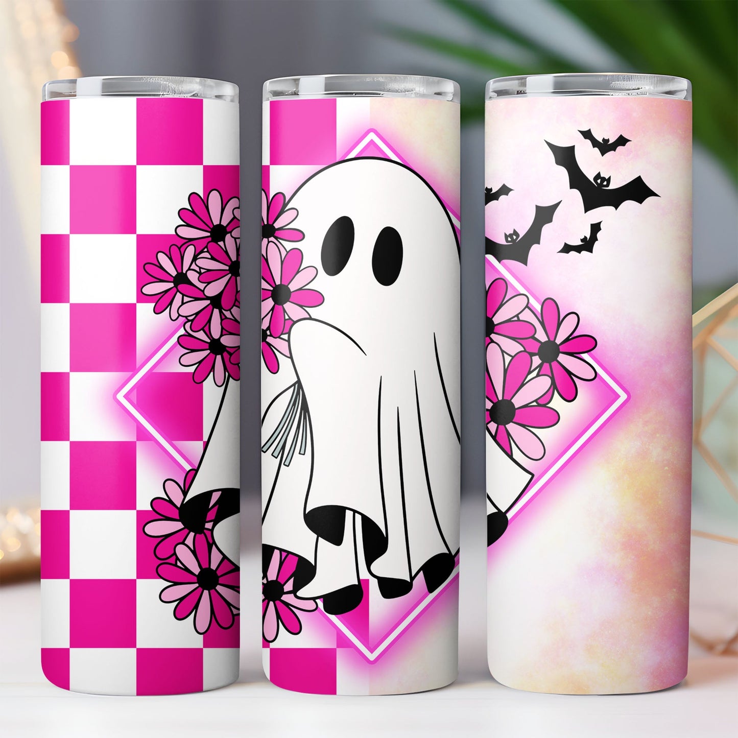 Pink Ghost Tumbler – Cute Floral Halloween Drinkware