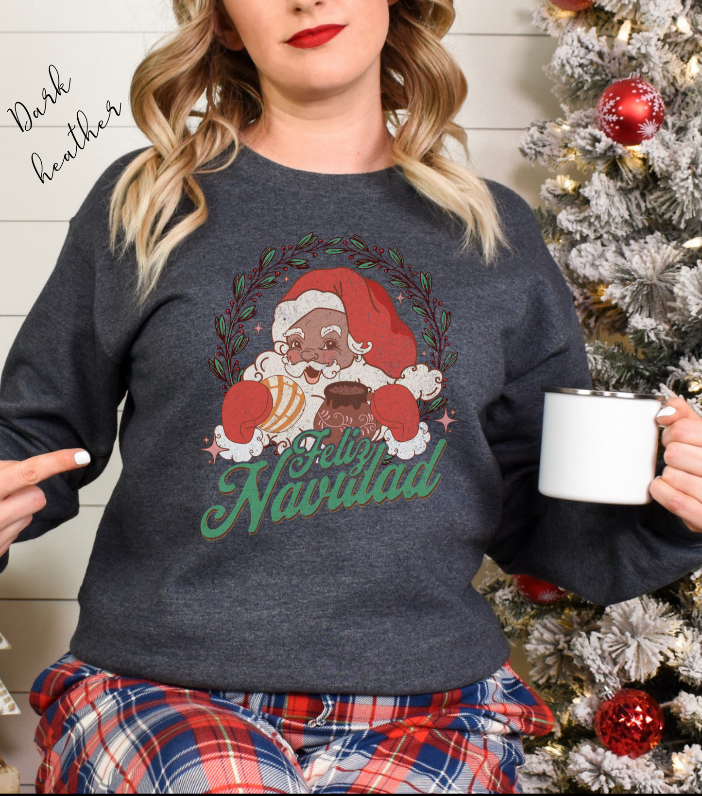 Feliz navidad  Heavy Blend Crewneck Sweatshirt for him or her. Santa Claus eating concha and drinking cafecito.