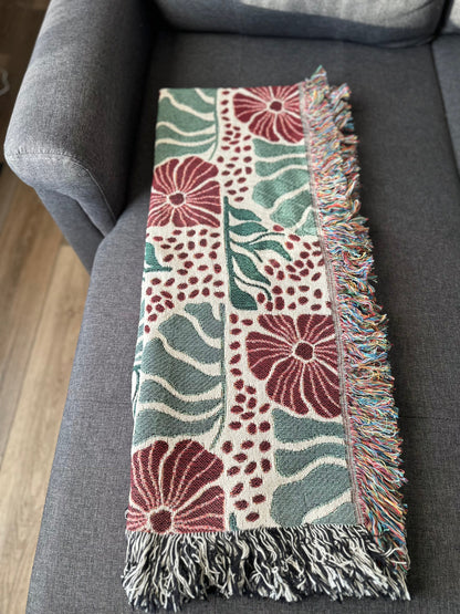 Abstract floral and leaves woven blanket 50x60” clearance Matisse Flowers Woven Blanket with red flowers.