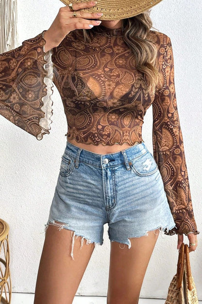 Printed Mock Neck Flare Sleeve Top