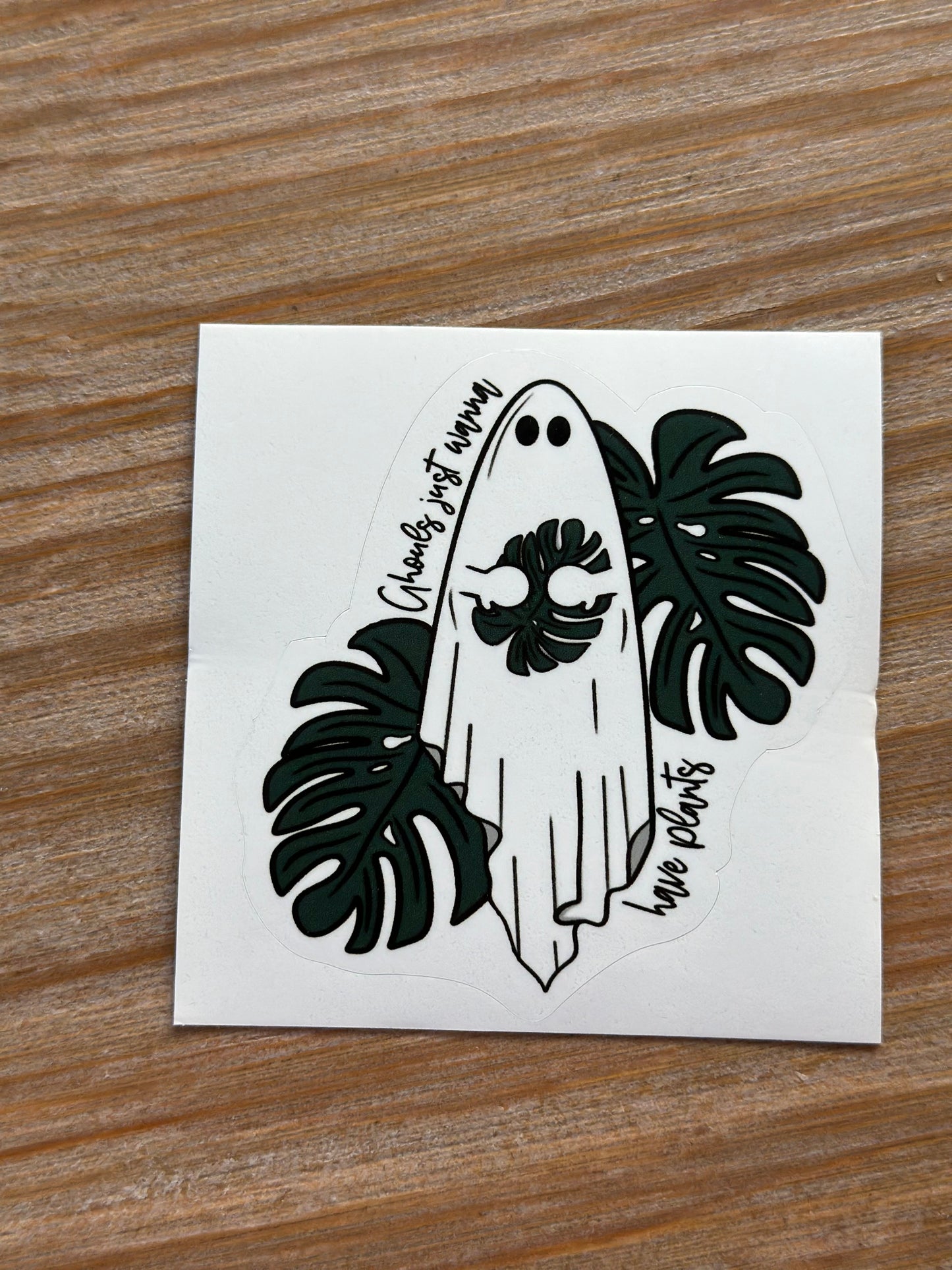Cute ghost with monstera leaves waterproof sticker for plant lovers, plant lady, plant mama.