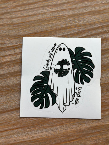Cute ghost with monstera leaves waterproof sticker for plant lovers, plant lady, plant mama.