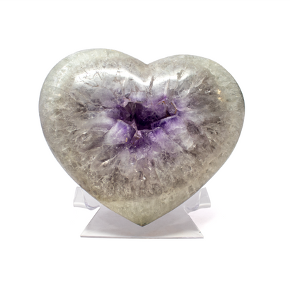 Polished Quartz Heart with Amethyst Crystal Center from Brazil on Lucite Stand