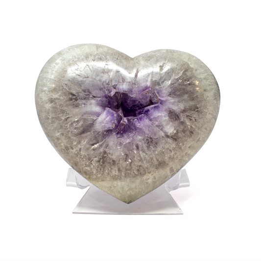 Polished Quartz Heart with Amethyst Crystal Center from Brazil on Lucite Stand