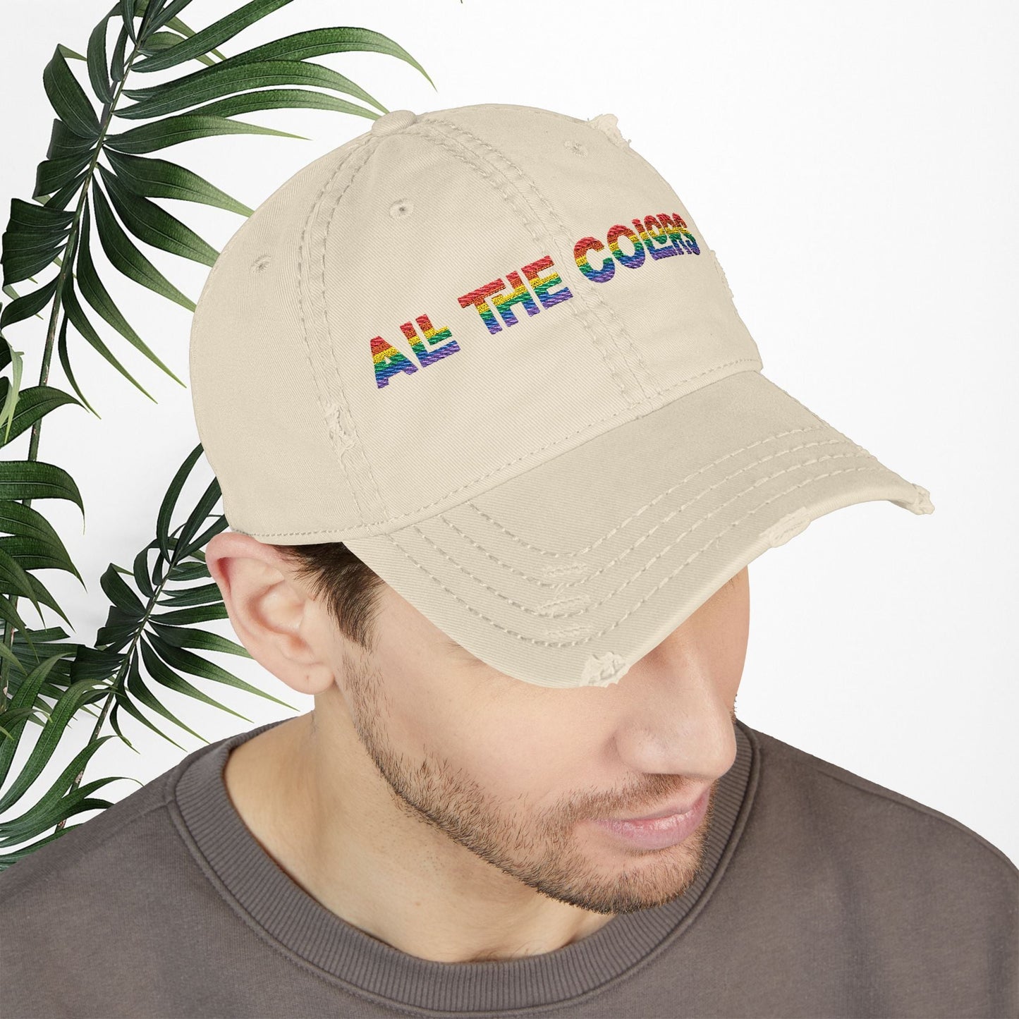 Bespattered Facade "All the Colors" Rainbow Embroidered Distressed Dad Hat