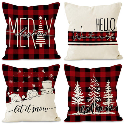 Christmas Pillowcase Linen Red Black Checkered Letter Printed Pillow Cover Holiday Living Room Decoration