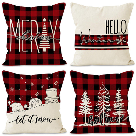 Christmas Pillowcase Linen Red Black Checkered Letter Printed Pillow Cover Holiday Living Room Decoration