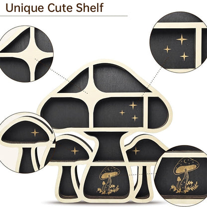 Adorable Mushroom - themed Decor. Wall - mounted Wooden Floating Mushroom Shelf. Ideal as a Crystal Display Shelf or a Rock Gem