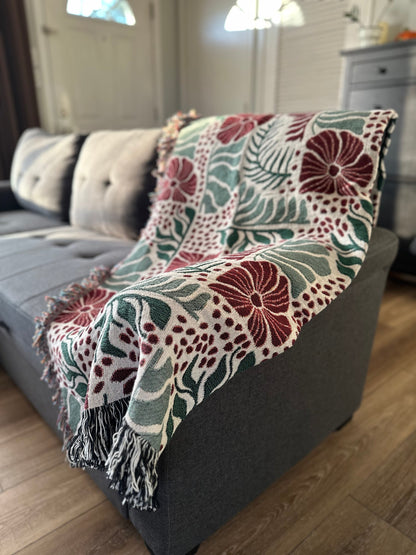 Abstract floral and leaves woven blanket 50x60” clearance Matisse Flowers Woven Blanket with red flowers.