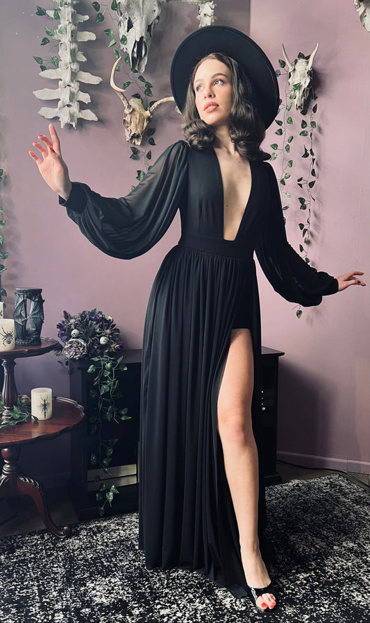 Minerva - Hauntingly Dramatic Mesh Maxi Dress with Built In Shorts  - READY TO SHIP