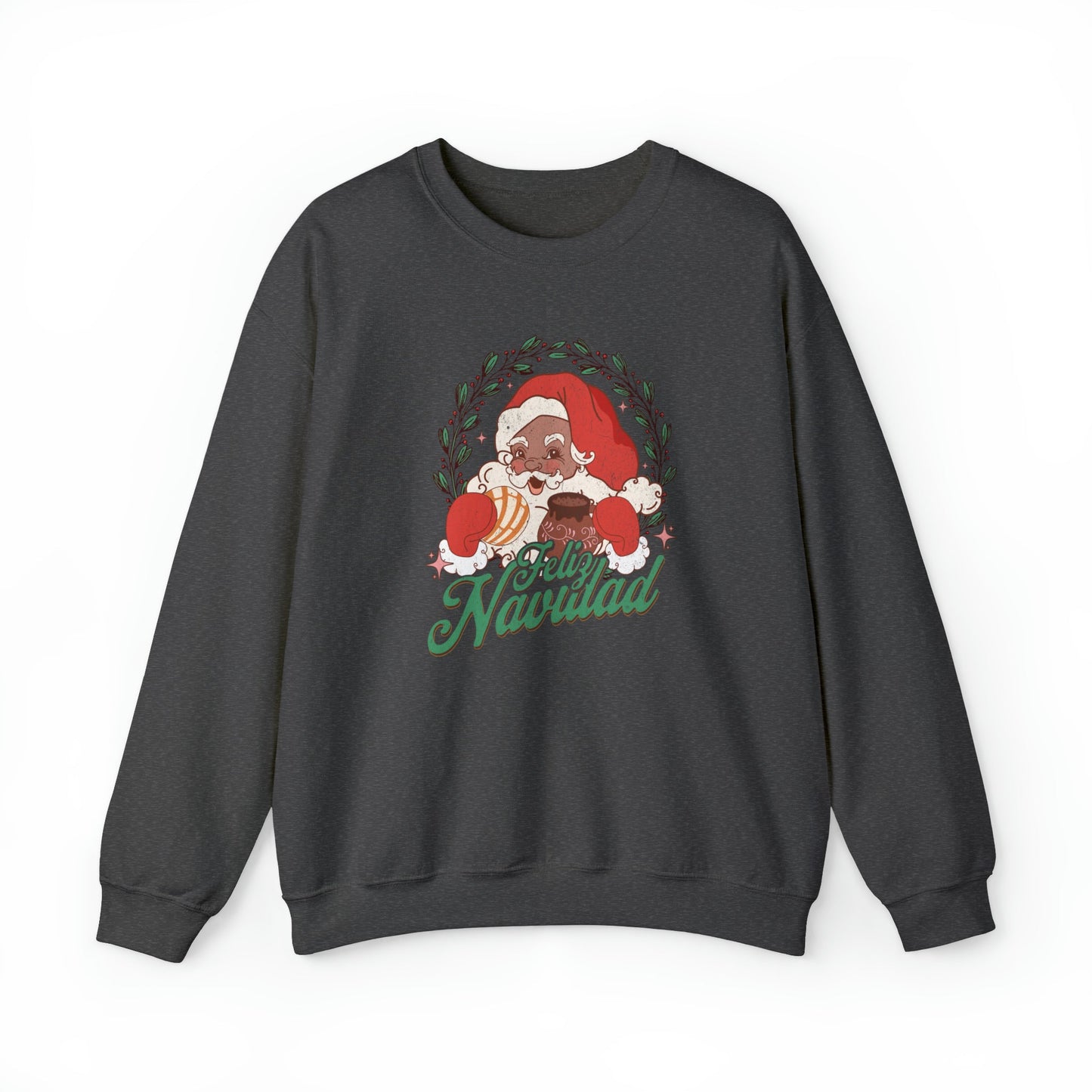 Feliz navidad  Heavy Blend Crewneck Sweatshirt for him or her. Santa Claus eating concha and drinking cafecito.