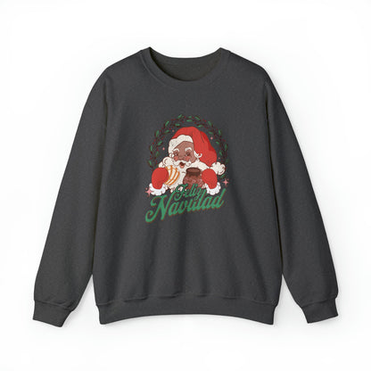 Feliz navidad  Heavy Blend Crewneck Sweatshirt for him or her. Santa Claus eating concha and drinking cafecito.