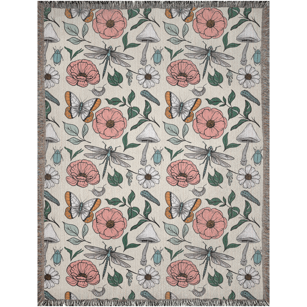 Insects and flowers woven blanket. Pink Flowers, Green Leaves Plants, White Mushrooms and Insects. Cute Mothers Day gift.
