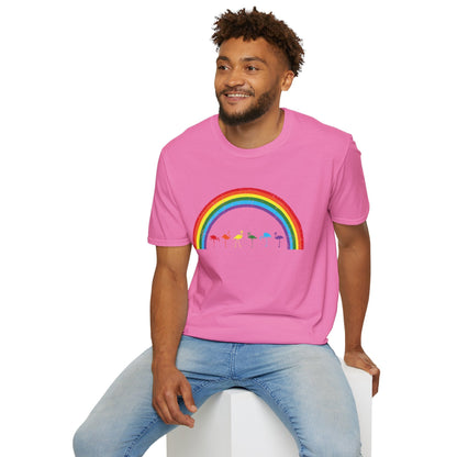 Bespattered Facade Rainbow Flamingos Unisex Softstyle T-Shirt