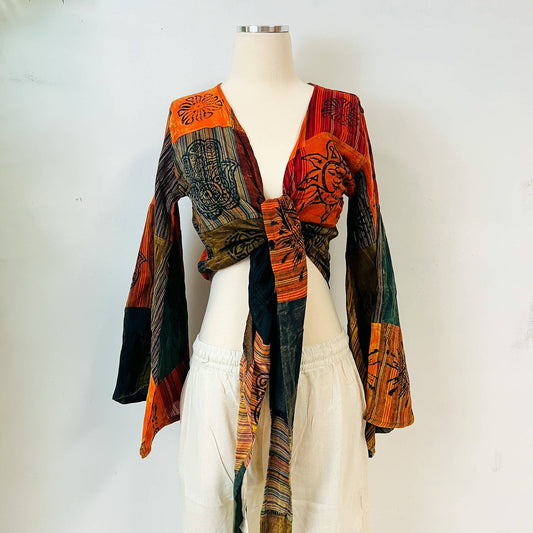 Patchwork Cotton  Bell Sleeve Wrap Top