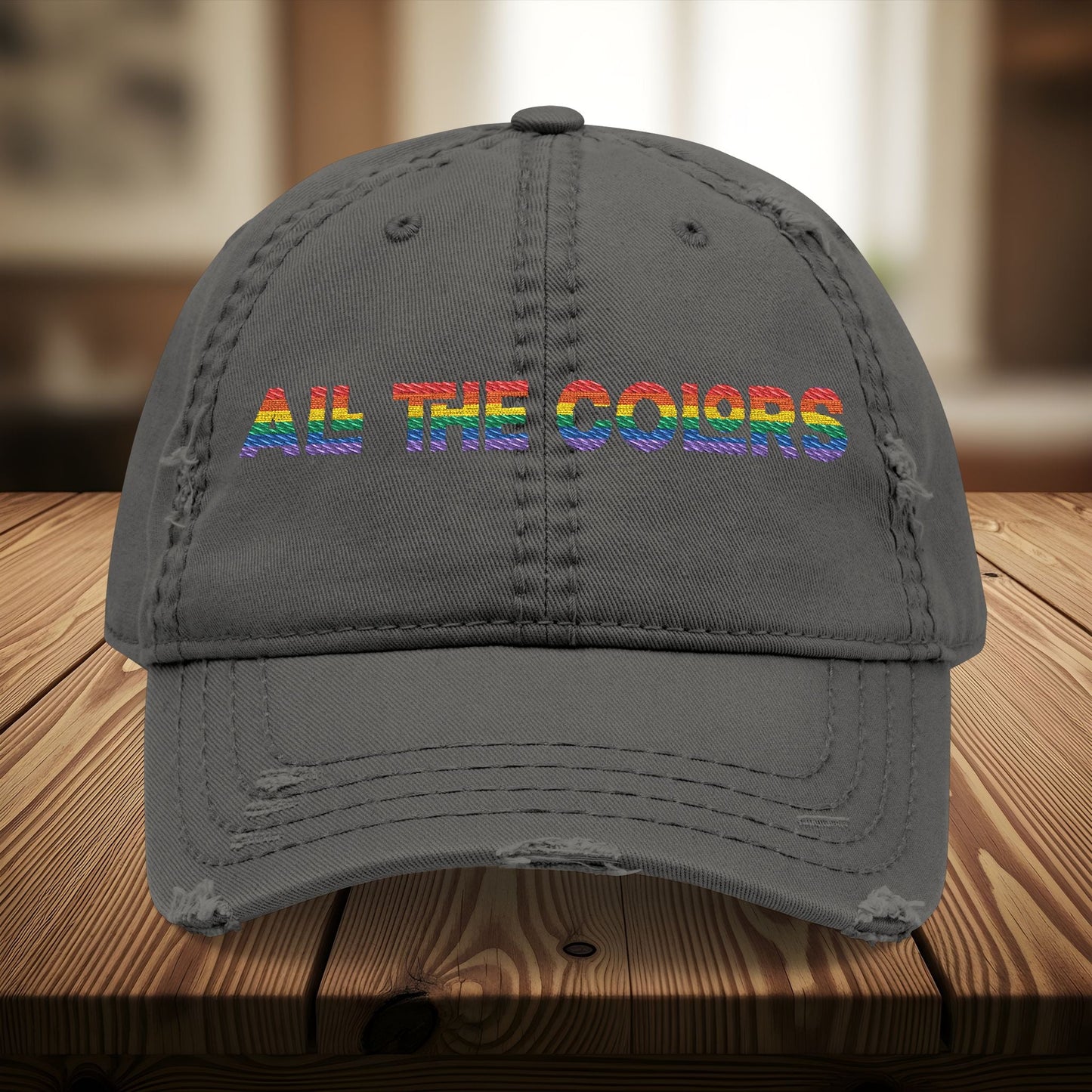 Bespattered Facade "All the Colors" Rainbow Embroidered Distressed Dad Hat