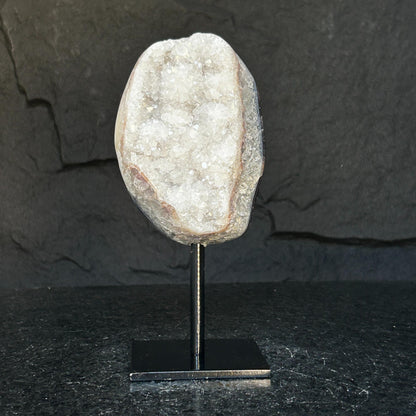 White quartz on stand, Geode with metallic base included for home decoration