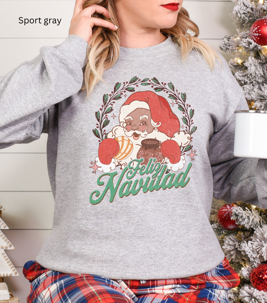 Feliz navidad  Heavy Blend Crewneck Sweatshirt for him or her. Santa Claus eating concha and drinking cafecito.