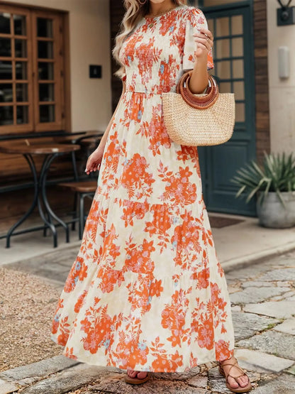 Casual Pastoral Style Floral Print Dress Long, Crewneck Short Sleeves High Waist Wide Ruffle Hem, Woman's Clothing