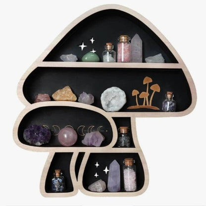 Adorable Mushroom - themed Decor. Wall - mounted Wooden Floating Mushroom Shelf. Ideal as a Crystal Display Shelf or a Rock Gem