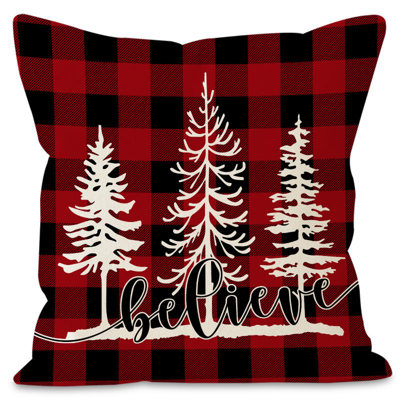 Christmas Pillowcase Linen Red Black Checkered Letter Printed Pillow Cover Holiday Living Room Decoration