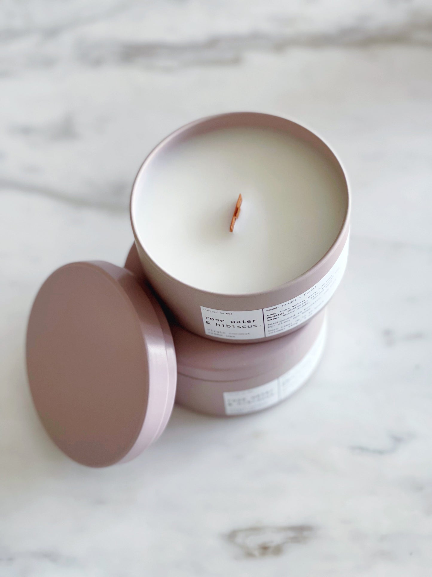 ROSE WATER & HIBISCUS | VIRGIN COCONUT CRÈME WAX & WOODEN WICK TRAVEL CANDLE