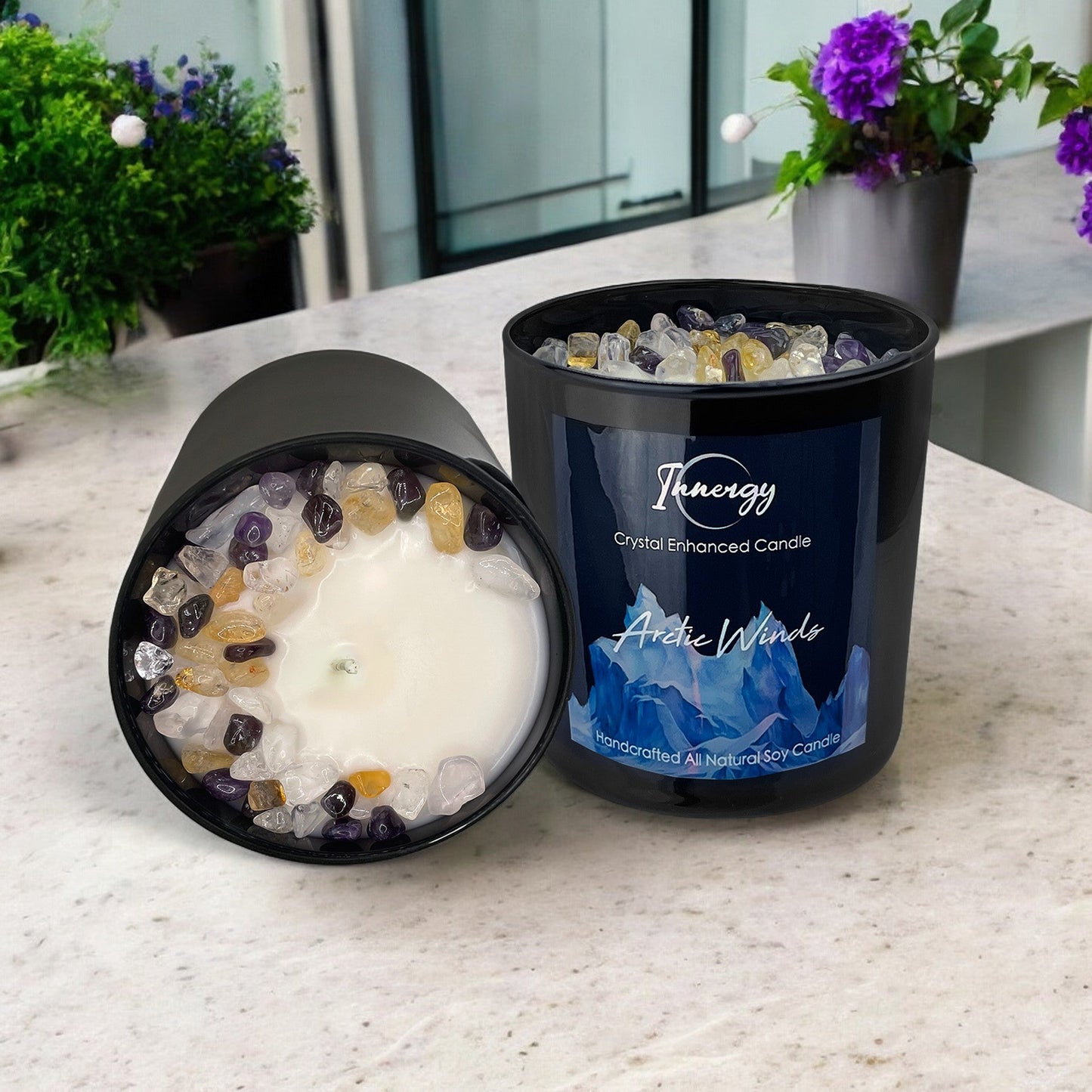 Arctic Winds Crystal Candle with Citrine, Amethyst, & Quartz | Coconut-Soy Wax Candle, 9oz