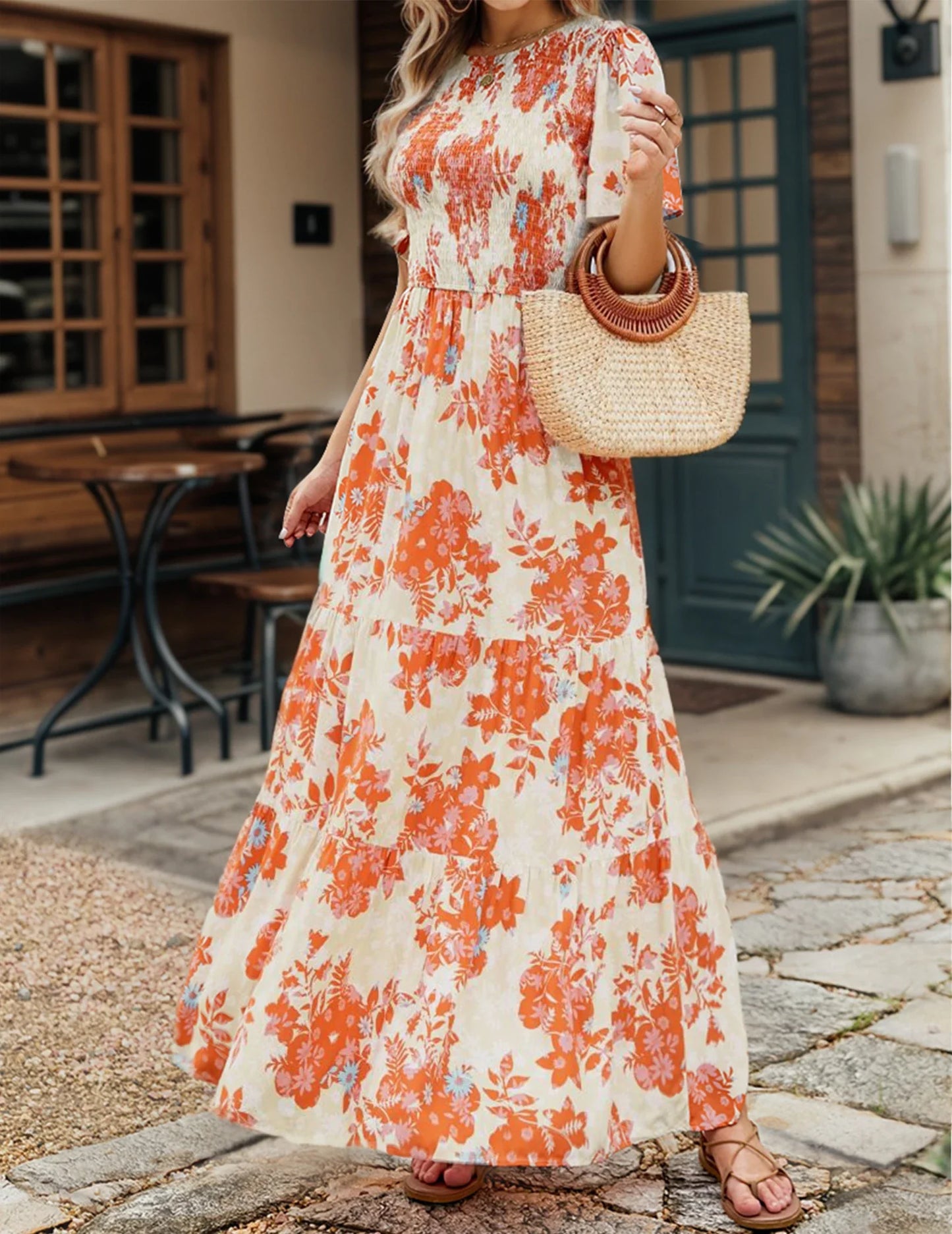 Casual Pastoral Style Floral Print Dress Long, Crewneck Short Sleeves High Waist Wide Ruffle Hem, Woman's Clothing