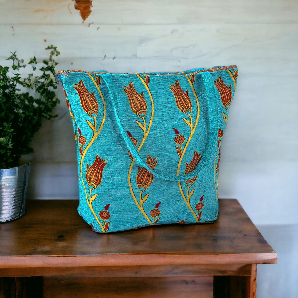 Authentic Kilim Fabric Ottoman Tulips Design Purse with Handles, Turkish Carpet, Beach Bag, Tote, Reusable Shopping Bag -- Turquoise/Gold