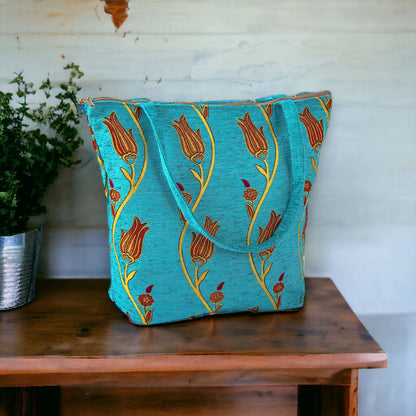 Authentic Kilim Fabric Ottoman Tulips Design Purse with Handles, Turkish Carpet, Beach Bag, Tote, Reusable Shopping Bag -- Turquoise/Gold