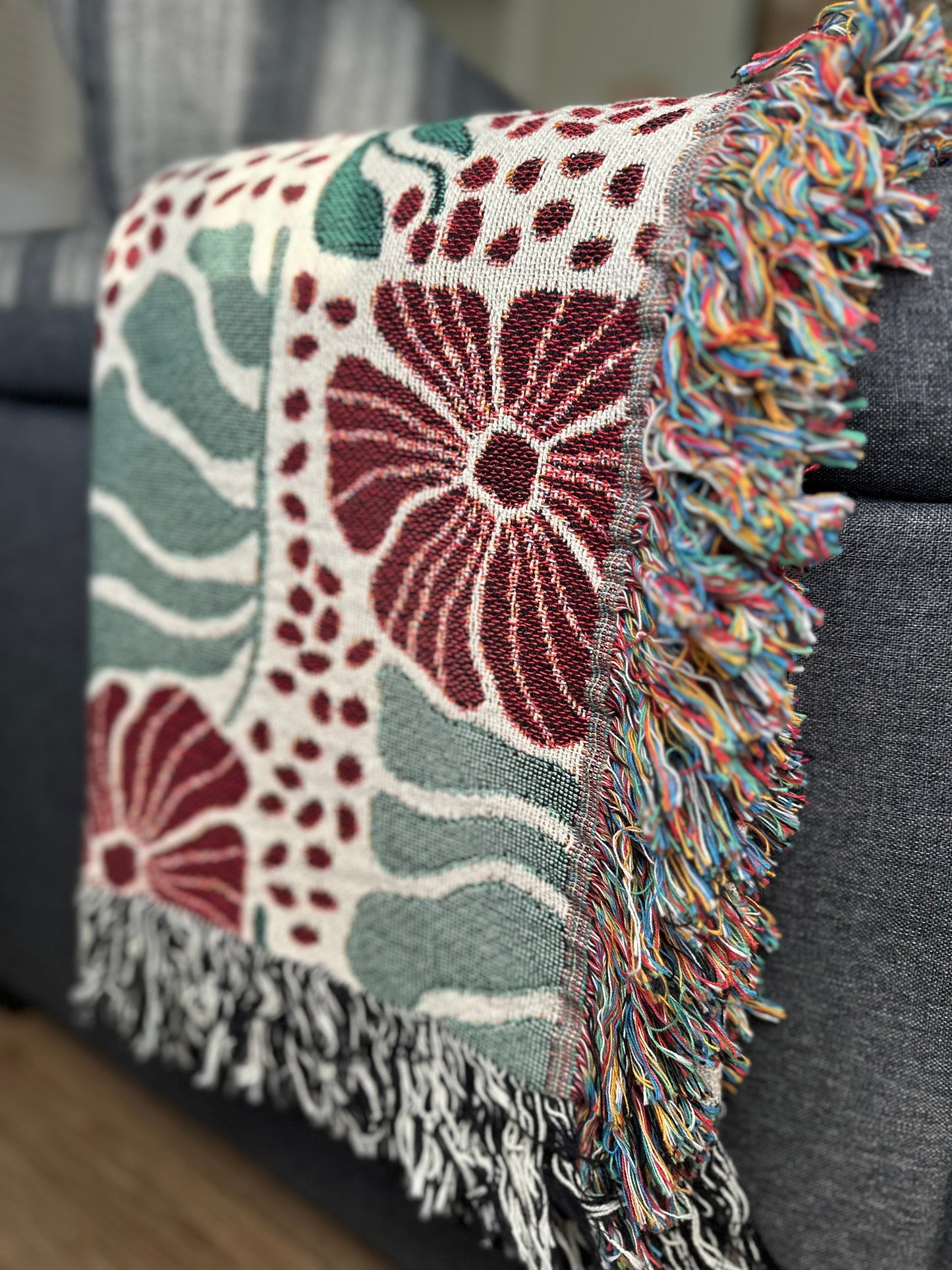 Abstract floral and leaves woven blanket 50x60” clearance Matisse Flowers Woven Blanket with red flowers.