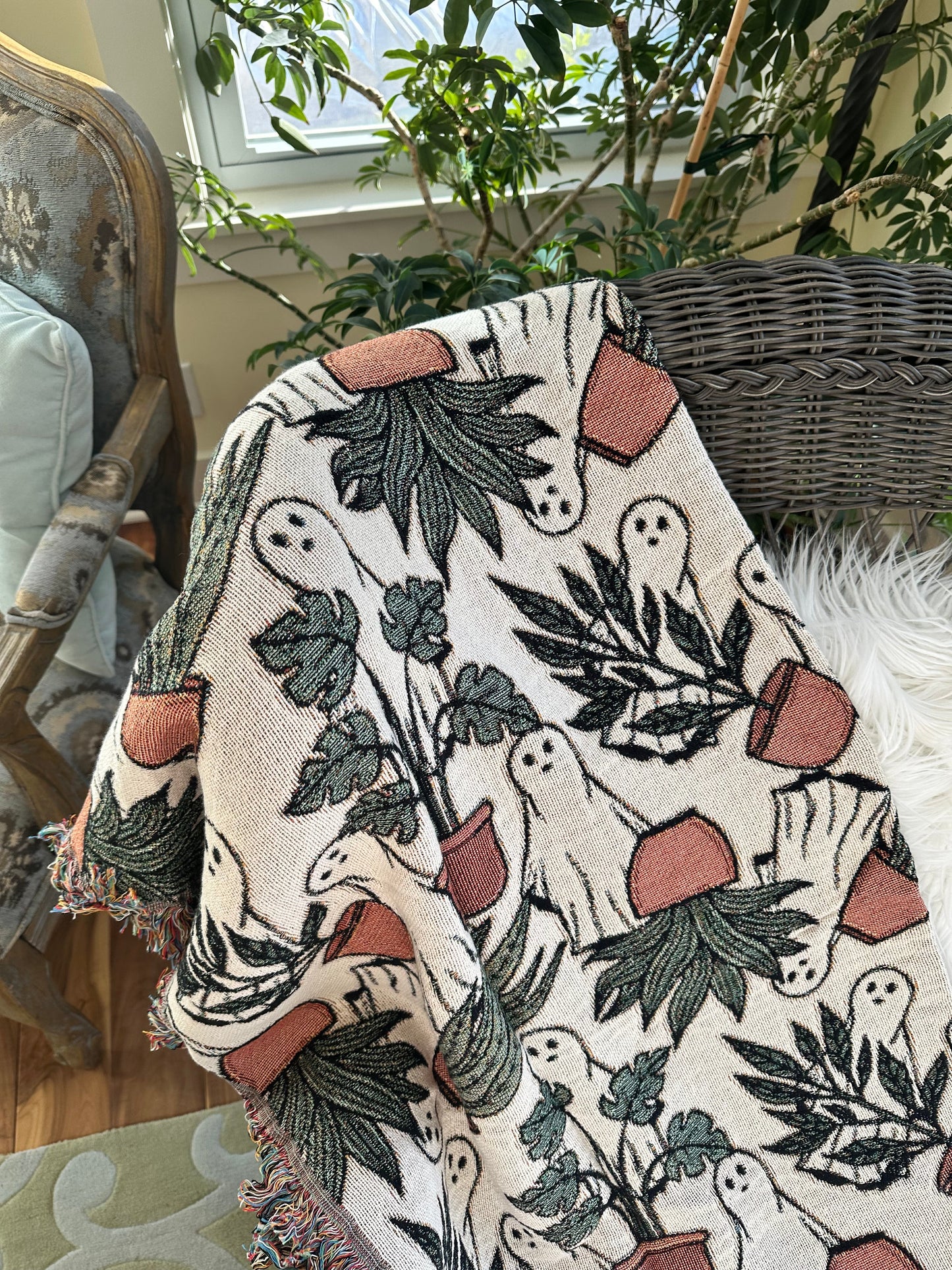 ghost woven blanket 50x60” clearance with potted plants