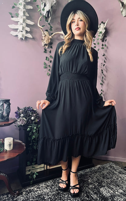 Classic Boho Shirred Black Dress