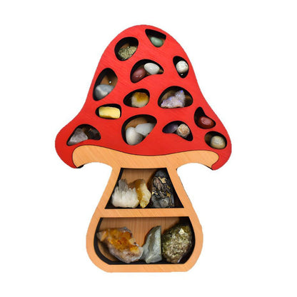 Adorable Mushroom - themed Decor. Wall - mounted Wooden Floating Mushroom Shelf. Ideal as a Crystal Display Shelf or a Rock Gem