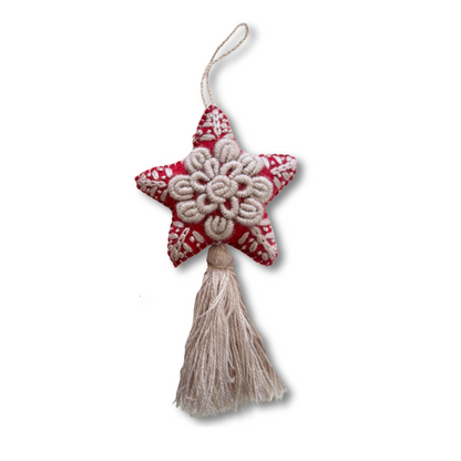 Red Star Embroidered Felted Wool Handmade Ornament - Mexico