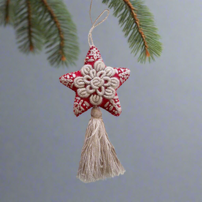 Red Star Embroidered Felted Wool Handmade Ornament - Mexico